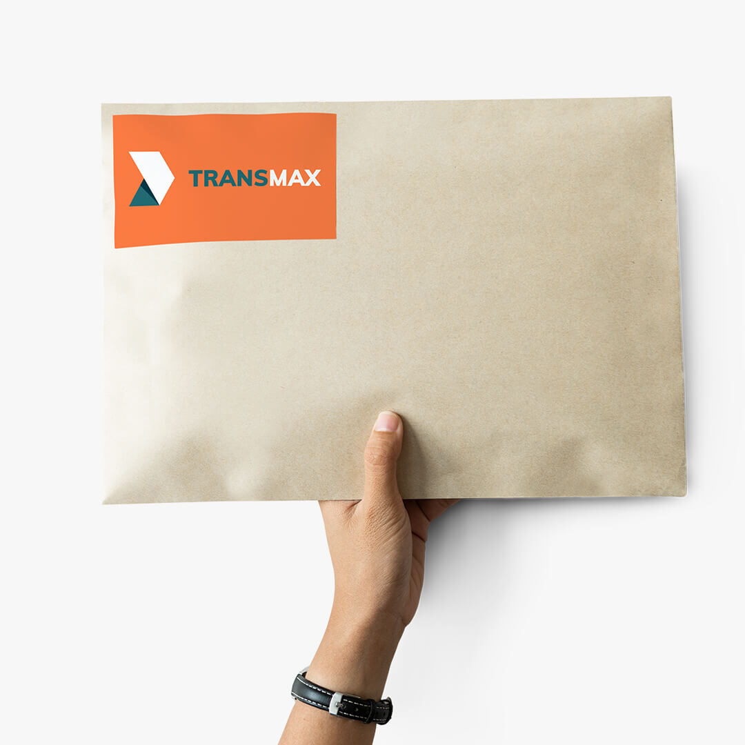 Hand holding a brown package with a THAMS MAIL label.