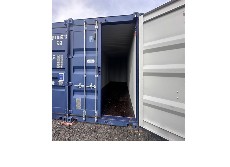 Open blue shipping container showing empty interior.